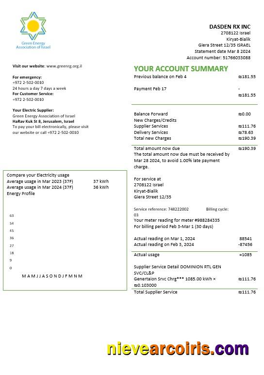 Israel Green Energy Association of Israel business utility bill